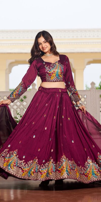 Ram 113 Wine Color Vichitra Lehenga Choli with Embroidery Work. Exclusive Offer ₹3099. Delivery 4-6 Working Days. Shop now. | Lehenga, Bollywood Lehenga, Creative Lehenga, Designer Lehenga, Embroidered Lehenga, Party Wear Lehenga