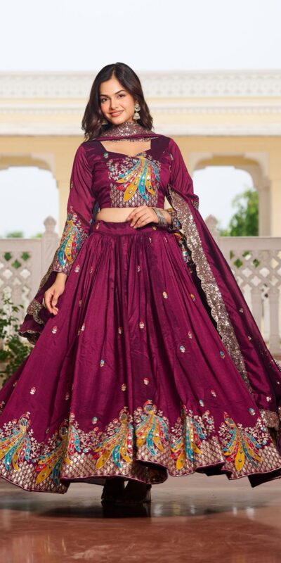 Ram 113 Wine Color Vichitra Lehenga Choli with Embroidery Work. Exclusive Offer ₹3099. Delivery 4-6 Working Days. Shop now. | Lehenga, Bollywood Lehenga, Creative Lehenga, Designer Lehenga, Embroidered Lehenga, Party Wear Lehenga