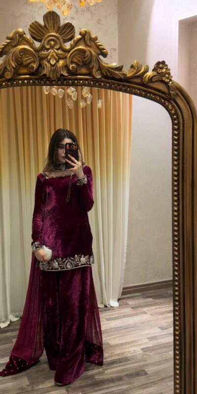 KD 1545 Wine Viscose Velvet Salwar Suit Perfect for Wedding, Party, Makar Sankranti, Housewarming, Family Gatherings – . Now at just ₹2049. Delivery 4- | Jump Suits, Salwar suit, Casual Suits, Creative suits, Designer Suits, Palazzo Suits, Party Wear Suits, Patiala Suits, Straight Suits