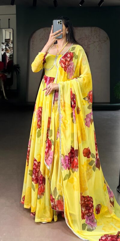 YNF 5103 Yellow Lace Work Gown in Chiffon. Get it for ₹1899. Wedding, Party, Festive, Events Delivery 4-6 Working Days. Shop now. | Gowns, Bollywood Gowns, Creative Gowns, Designer Gowns, Embroidered Gowns, Party Wear Gowns