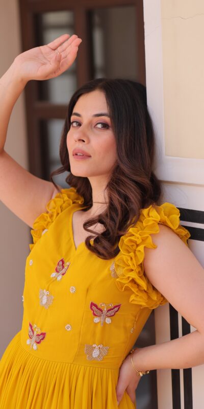 KA 1174 Yellow Faux Blooming Gown Perfect for Wedding, Party, Housewarming, Baby Shower, Raksha Bandhan – . Now at just ₹1699. Delivery 4-6 Working Dasy | Gowns, Bollywood Gowns, Creative Gowns, Designer Gowns, Embroidered Gowns, Party Wear Gowns