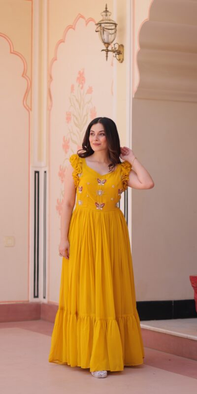 KA 1174 Yellow Faux Blooming Gown Perfect for Wedding, Party, Housewarming, Baby Shower, Raksha Bandhan – . Now at just ₹1699. Delivery 4-6 Working Dasy | Gowns, Bollywood Gowns, Creative Gowns, Designer Gowns, Embroidered Gowns, Party Wear Gowns