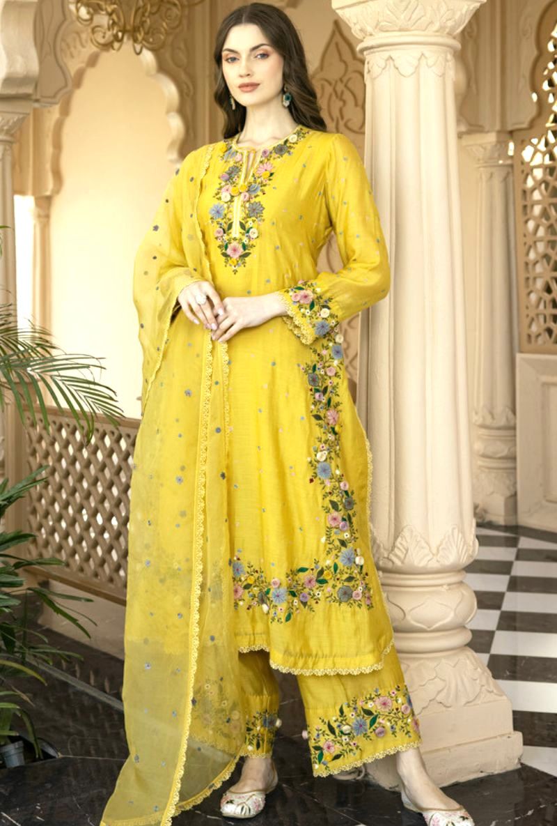 NSR 862 Yellow Faux Georgette Slawar Suit with Embroidery Work & Lace Work. Introductory Price ₹2149. Delivery 4-6 Working Days. Shop now. | Jump Suits, Tops & Bottoms, Track Suits, Salwar suit, Casual Suits, Creative suits, Designer Suits, Palazzo Suits, Party Wear Suits, Patiala Suits, Straight Suits, Trendy Wear