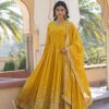 KA 1084 Yellow Faux Georgette Gown Perfect for Wedding, Party, Pooja, Festival Celebrations, Bridal Wear – . Festive Deal ₹2649. Delivery 4-6 Working | Gowns, Bollywood Gowns, Creative Gowns, Designer Gowns, Embroidered Gowns, Party Wear Gowns