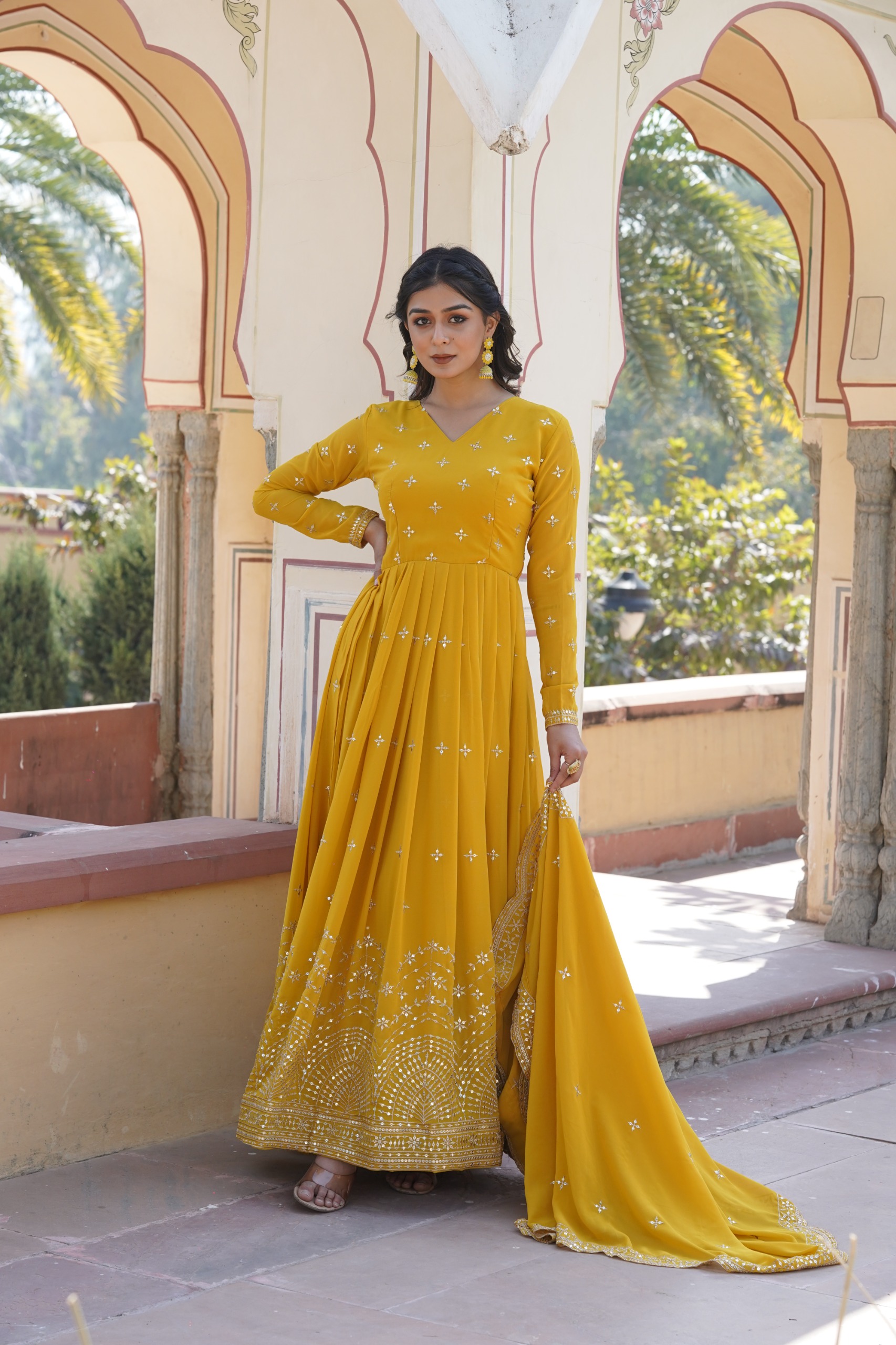 KA 1084 Yellow Faux Georgette Gown Perfect for Wedding, Party, Pooja, Festival Celebrations, Bridal Wear – . Festive Deal ₹2649. Delivery 4-6 Working | Gowns, Bollywood Gowns, Creative Gowns, Designer Gowns, Embroidered Gowns, Party Wear Gowns