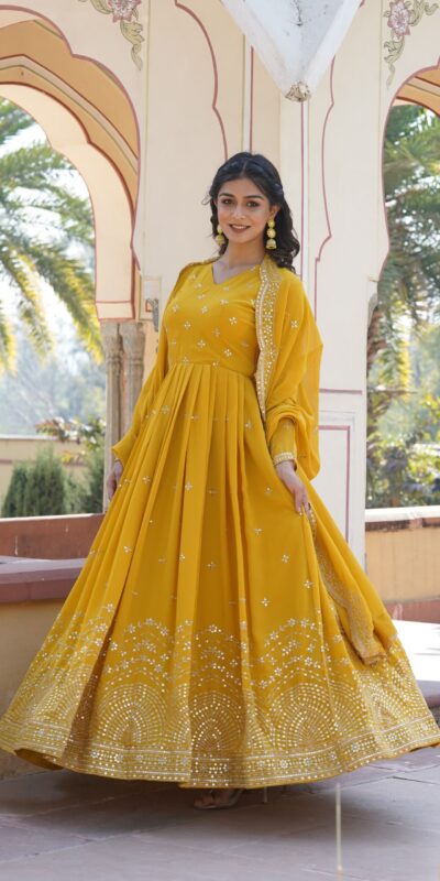 KA 1084 Yellow Faux Georgette Gown Perfect for Wedding, Party, Pooja, Festival Celebrations, Bridal Wear – . Festive Deal ₹2649. Delivery 4-6 Working | Gowns, Bollywood Gowns, Creative Gowns, Designer Gowns, Embroidered Gowns, Party Wear Gowns
