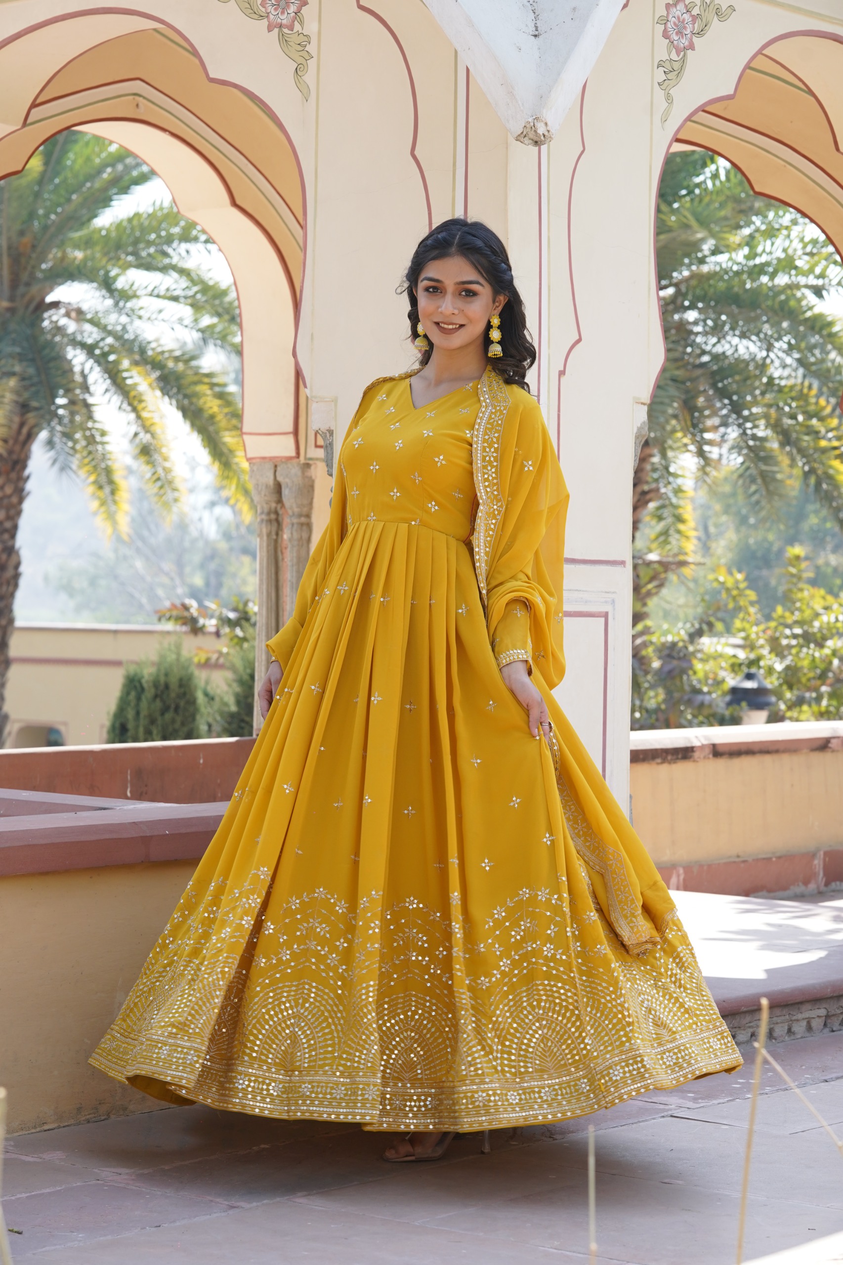 KA 1084 Yellow Faux Georgette Gown Perfect for Wedding, Party, Pooja, Festival Celebrations, Bridal Wear – . Festive Deal ₹2649. Delivery 4-6 Working | Gowns, Bollywood Gowns, Creative Gowns, Designer Gowns, Embroidered Gowns, Party Wear Gowns