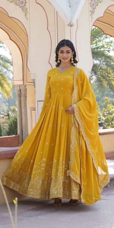 KA 1084 Yellow Faux Georgette Gown Perfect for Wedding, Party, Pooja, Festival Celebrations, Bridal Wear – . Festive Deal ₹2649. Delivery 4-6 Working | Gowns, Bollywood Gowns, Creative Gowns, Designer Gowns, Embroidered Gowns, Party Wear Gowns