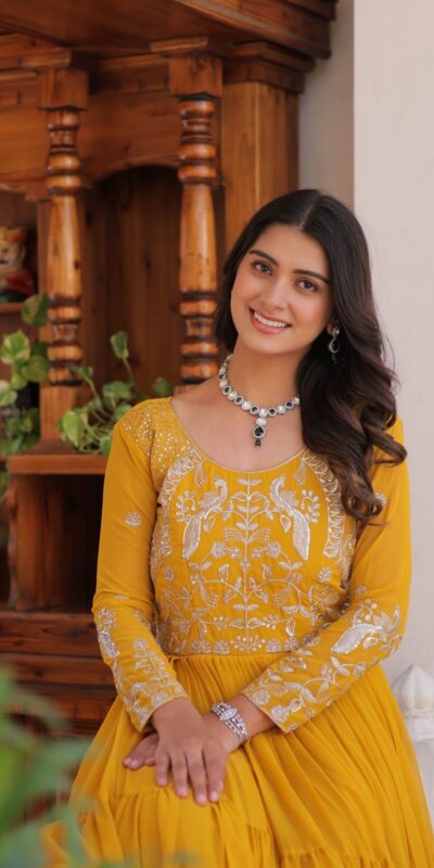 Ram 083 Yellow Fox Georgette Sequence Work Gown . Wedding, Party, Festive, Events Grab it for ₹1749. Delivery 4-6 Working Days. Shop now. | Gowns, Bollywood Gowns, Creative Gowns, Designer Gowns, Embroidered Gowns, Party Wear Gowns