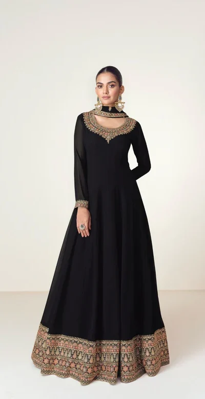 ₹3449 | FC 10128 Black Color Blooming Georgette Embroidery Work Salwar Suit . Introductory Price ₹3449. Delivery 4-6 Working Days. Shop now. | Jump Suits, Salwar suit, Casual Suits, Creative suits, Designer Suits, Palazzo Suits, Party Wear Suits, Patiala Suits, Straight Suits