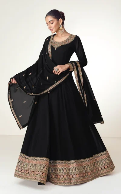 ₹3449 | FC 10128 Black Color Blooming Georgette Embroidery Work Salwar Suit . Introductory Price ₹3449. Delivery 4-6 Working Days. Shop now. | Jump Suits, Salwar suit, Casual Suits, Creative suits, Designer Suits, Palazzo Suits, Party Wear Suits, Patiala Suits, Straight Suits