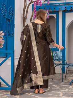 MF 111 Black Chanderi Jacquard Salwar Suit with Zari Work. Best Price ₹1499. Wedding, Party, Festive, Events Delivery 4-6 Working Days. Shop now. | Jump Suits, Salwar suit, Casual Suits, Creative suits, Designer Suits, Palazzo Suits, Party Wear Suits, Patiala Suits, Straight Suits