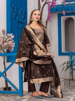 MF 111 Black Chanderi Jacquard Salwar Suit with Zari Work. Best Price ₹1499. Wedding, Party, Festive, Events Delivery 4-6 Working Days. Shop now. | Jump Suits, Salwar suit, Casual Suits, Creative suits, Designer Suits, Palazzo Suits, Party Wear Suits, Patiala Suits, Straight Suits