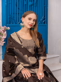 MF 111 Black Chanderi Jacquard Salwar Suit with Zari Work. Best Price ₹1499. Wedding, Party, Festive, Events Delivery 4-6 Working Days. Shop now. | Jump Suits, Salwar suit, Casual Suits, Creative suits, Designer Suits, Palazzo Suits, Party Wear Suits, Patiala Suits, Straight Suits