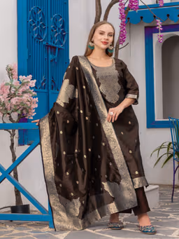 MF 111 Black Chanderi Jacquard Salwar Suit with Zari Work. Best Price ₹1499. Wedding, Party, Festive, Events Delivery 4-6 Working Days. Shop now. | Jump Suits, Salwar suit, Casual Suits, Creative suits, Designer Suits, Palazzo Suits, Party Wear Suits, Patiala Suits, Straight Suits