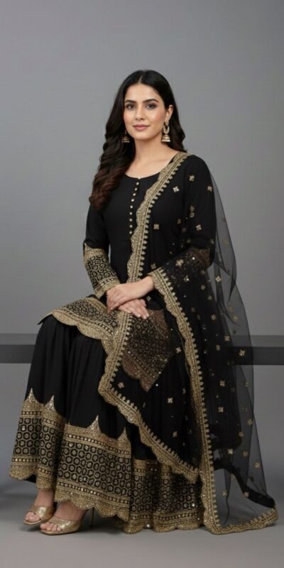 ₹2099 | ZF 250 Black Color Faux Georgette Embroidery Sequence Work Sharara Suit Wedding, Party, Festive, Events Etc. Expected Delivery 4-6 Working Days @2099/- | Jump Suits, Salwar suit, Casual Suits, Creative suits, Designer Suits, Palazzo Suits, Party Wear Suits, Patiala Suits, Straight Suits