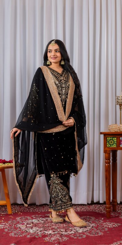 AD 134 Black Color Heavy Pure Viscose Velvet Embroidery Sharara Suit Wedding, Party, Festive, Events Etc. Expected Delivery 4-6 Working Days @2099/- | Jump Suits, Salwar suit, Casual Suits, Creative suits, Designer Suits, Palazzo Suits, Party Wear Suits, Patiala Suits, Straight Suits
