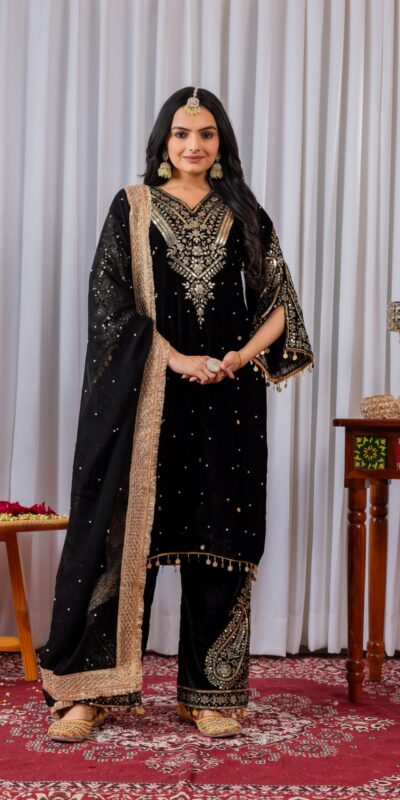 AD 134 Black Color Heavy Pure Viscose Velvet Embroidery Sharara Suit Wedding, Party, Festive, Events Etc. Expected Delivery 4-6 Working Days @2099/- | Jump Suits, Salwar suit, Casual Suits, Creative suits, Designer Suits, Palazzo Suits, Party Wear Suits, Patiala Suits, Straight Suits
