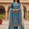 Blue Chinon Printed With Miror Work Salwar Suit
