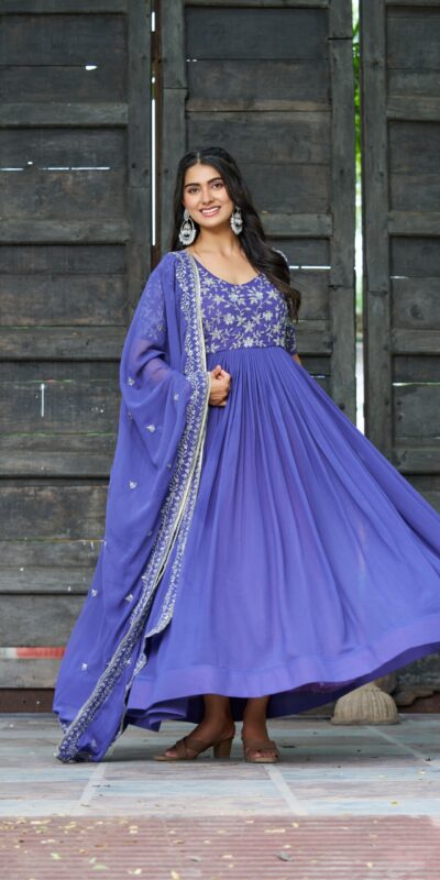 KA 1204 Blue Faux Blooming Gown with Sequins Work & Embroidery Work. Festive Deal ₹2449. Delivery 4-6 Working Days. Shop now. | Gowns, Bollywood Gowns, Creative Gowns, Designer Gowns, Embroidered Gowns, Party Wear Gowns