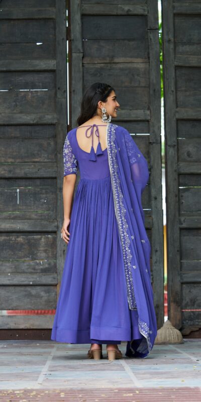 KA 1204 Blue Faux Blooming Gown with Sequins Work & Embroidery Work. Festive Deal ₹2449. Delivery 4-6 Working Days. Shop now. | Gowns, Bollywood Gowns, Creative Gowns, Designer Gowns, Embroidered Gowns, Party Wear Gowns