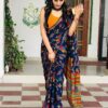 Blue Softy Silk Digital Print Lace Work Saree