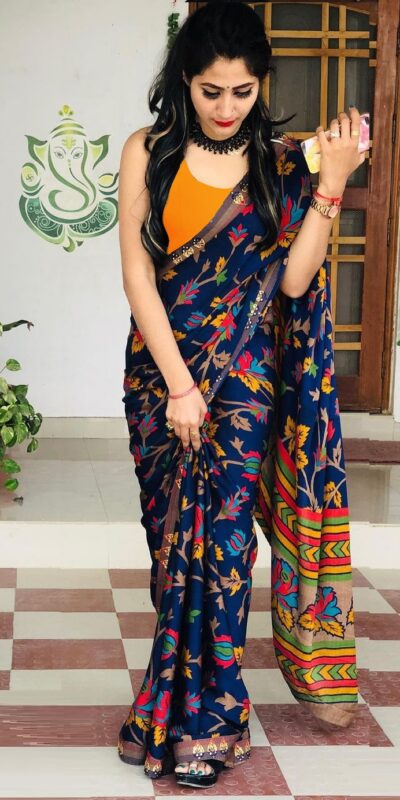 ₹1499 | KT 131 Blue Digital Print & Lace Work Saree in Blue Softy Silk. Introductory Price ₹1499. Delivery 4-6 Working Days. Shop now. | Sarees, Bollywood Sarees, Creative Sarees, Designer Sarees, Embroidered Sarees, Ethnic Saree, Modern Digital sarees, Party Wear Sarees