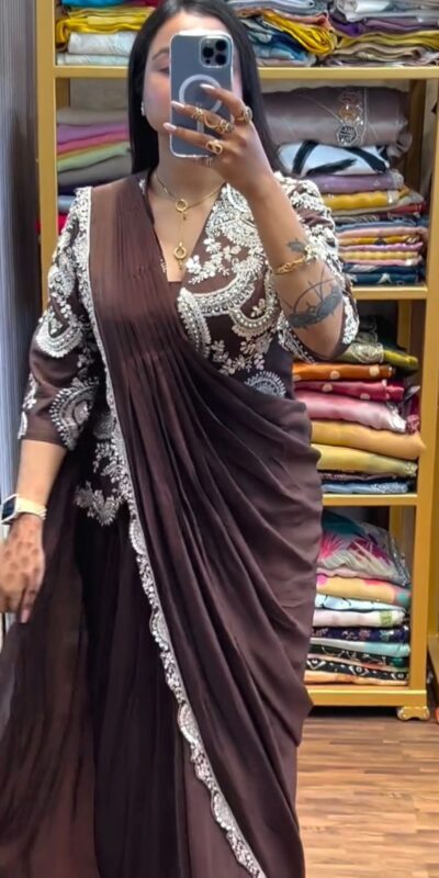 ST 1035 Brown Color Faux Georgette Saree with Embroidery Work. Wedding, Party, Festive, Festive Deal ₹2049. Delivery 4-6 Working Days. Shop now. | Sarees, Bollywood Sarees, Creative Sarees, Designer Sarees, Embroidered Sarees, Ethnic Saree, Modern Digital sarees, Party Wear Sarees