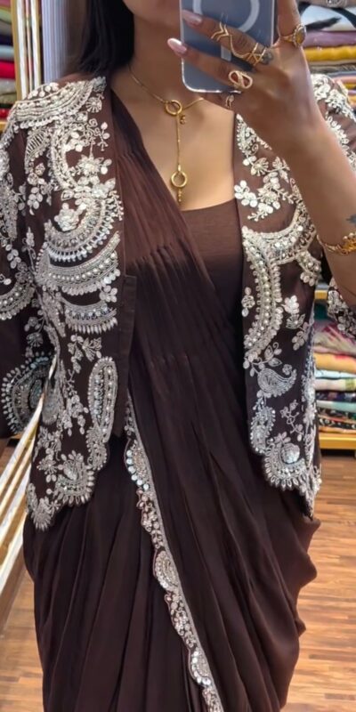 ST 1035 Brown Color Faux Georgette Saree with Embroidery Work. Wedding, Party, Festive, Festive Deal ₹2049. Delivery 4-6 Working Days. Shop now. | Sarees, Bollywood Sarees, Creative Sarees, Designer Sarees, Embroidered Sarees, Ethnic Saree, Modern Digital sarees, Party Wear Sarees