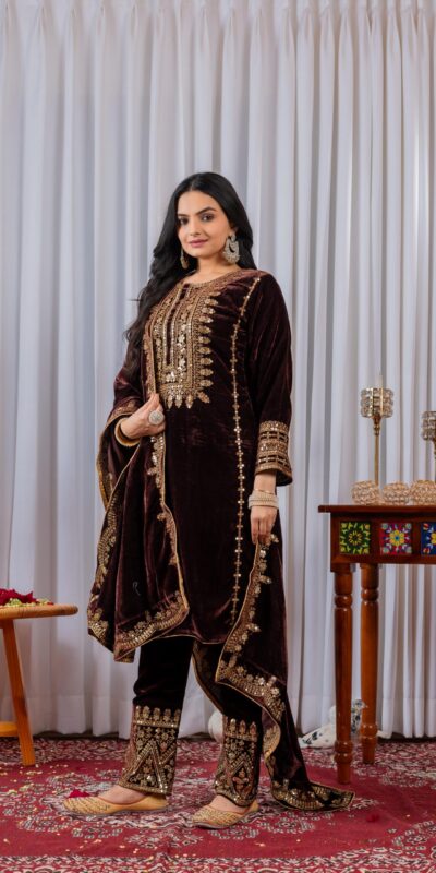 AD 089 Brown Viscose Velvet Salwar Suit with Embroidery Work. Affordable Price ₹1999. Delivery 4-6 Working Days. Shop now. | Jump Suits, Salwar suit, Casual Suits, Creative suits, Designer Suits, Palazzo Suits, Party Wear Suits, Patiala Suits, Straight Suits