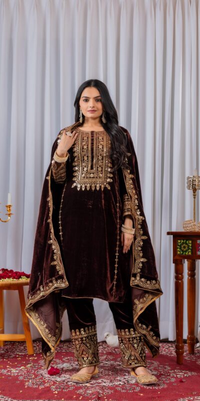 AD 089 Brown Viscose Velvet Salwar Suit with Embroidery Work. Affordable Price ₹1999. Delivery 4-6 Working Days. Shop now. | Jump Suits, Salwar suit, Casual Suits, Creative suits, Designer Suits, Palazzo Suits, Party Wear Suits, Patiala Suits, Straight Suits
