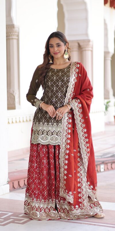 KA 1226 Brown Vichitra Silk Salwar Suit with Zari Work & Embroidery Work. Introductory Price ₹2649. Delivery 4-6 Working Days. Shop now. | Jump Suits, Salwar suit, Casual Suits, Creative suits, Designer Suits, Palazzo Suits, Party Wear Suits, Patiala Suits, Straight Suits