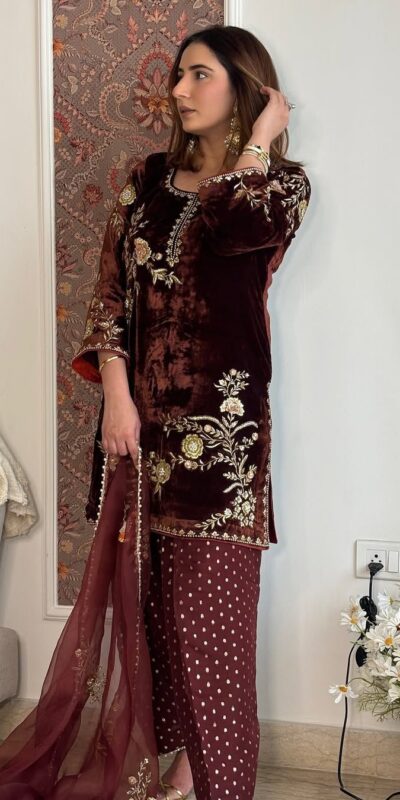 ₹2149 | MF 488 Brown Viscose Velvet Salwar Suit. Perfect for Wedding, Party, Lohri, Makar Sankranti, Engagement – Affordable Price ₹2149. Delivery 4-6 Workin | Jump Suits, Salwar suit, Casual Suits, Creative suits, Designer Suits, Palazzo Suits, Party Wear Suits, Patiala Suits, Straight Suits