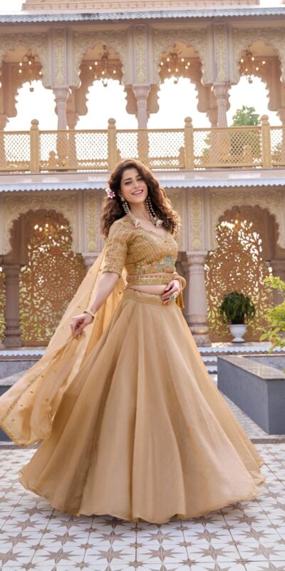 ₹3199 | Ram 160 Chiku Color Crunchy Lehenga Choli with Embroidery Work. Online Festive Deal ₹3199. Delivery 4-6 Working Days. Shop now. | Lehenga, Bollywood Lehenga, Creative Lehenga, Designer Lehenga, Embroidered Lehenga, Party Wear Lehenga