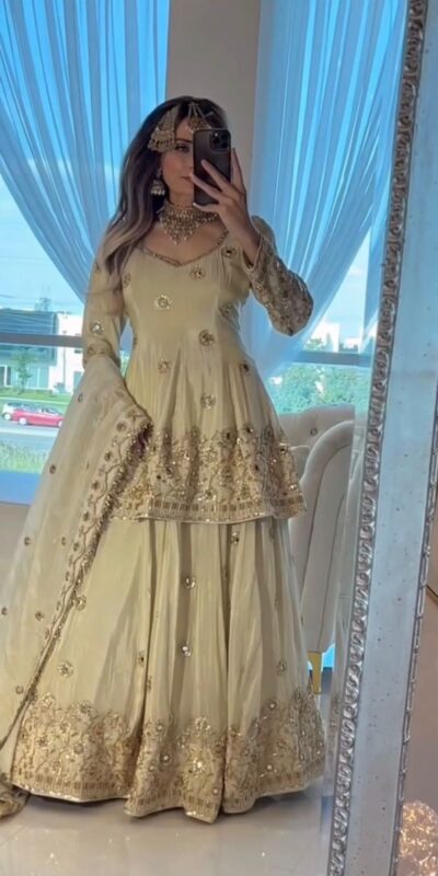 ST 1159 Cream Chinon Lehenga Choli with Embroidery Work & Mirror Work. Grab it for ₹2549. Delivery 4-6 Working Days. Shop now. | Lehenga, Bollywood Lehenga, Creative Lehenga, Designer Lehenga, Embroidered Lehenga, Party Wear Lehenga