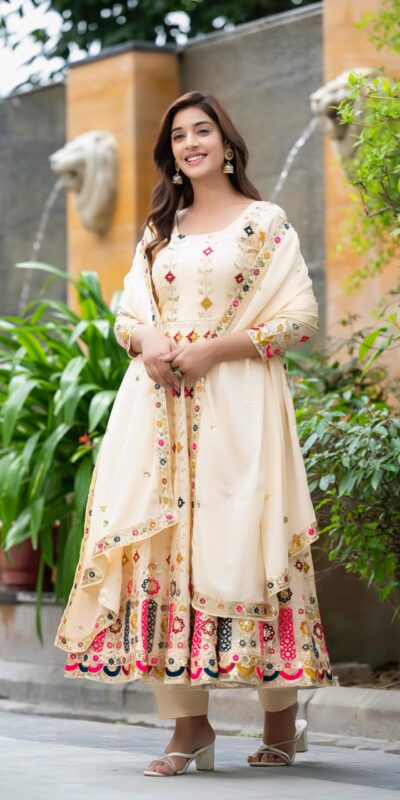 ₹2599 | NF 1234 Cream Chinon Silk Anarkali Suit with Cut Work & Embroidery Work. Now at just ₹2599. Delivery 4-6 Working Days. Shop now. | Anarkali Suits, Bollywood Anarkali, Creative-Anarkali, Designer Anarkali, Embroidered Anarkali, Party Wear Anarkali