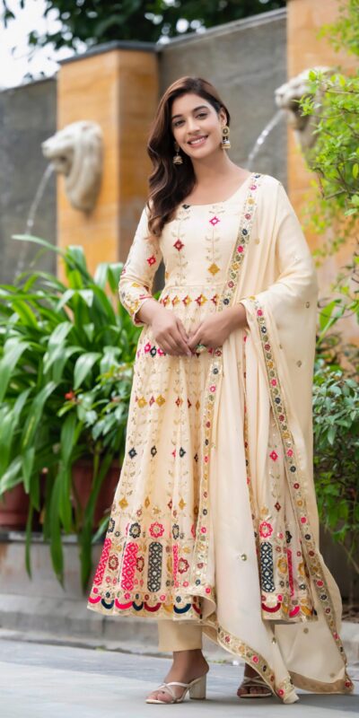 ₹2599 | NF 1234 Cream Chinon Silk Anarkali Suit with Cut Work & Embroidery Work. Now at just ₹2599. Delivery 4-6 Working Days. Shop now. | Anarkali Suits, Bollywood Anarkali, Creative-Anarkali, Designer Anarkali, Embroidered Anarkali, Party Wear Anarkali