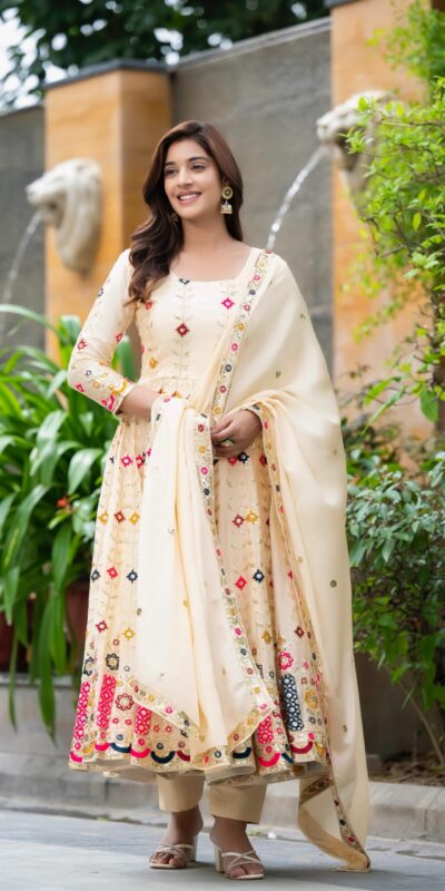 ₹2599 | NF 1234 Cream Chinon Silk Anarkali Suit with Cut Work & Embroidery Work. Now at just ₹2599. Delivery 4-6 Working Days. Shop now. | Anarkali Suits, Bollywood Anarkali, Creative-Anarkali, Designer Anarkali, Embroidered Anarkali, Party Wear Anarkali