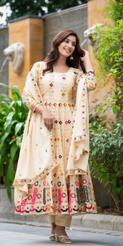 ₹2599 | NF 1234 Cream Chinon Silk Anarkali Suit with Cut Work & Embroidery Work. Now at just ₹2599. Delivery 4-6 Working Days. Shop now. | Anarkali Suits, Bollywood Anarkali, Creative-Anarkali, Designer Anarkali, Embroidered Anarkali, Party Wear Anarkali