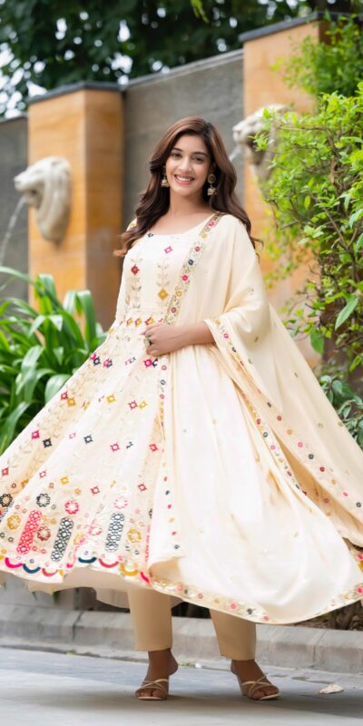 ₹2599 | NF 1234 Cream Chinon Silk Anarkali Suit with Cut Work & Embroidery Work. Now at just ₹2599. Delivery 4-6 Working Days. Shop now. | Anarkali Suits, Bollywood Anarkali, Creative-Anarkali, Designer Anarkali, Embroidered Anarkali, Party Wear Anarkali