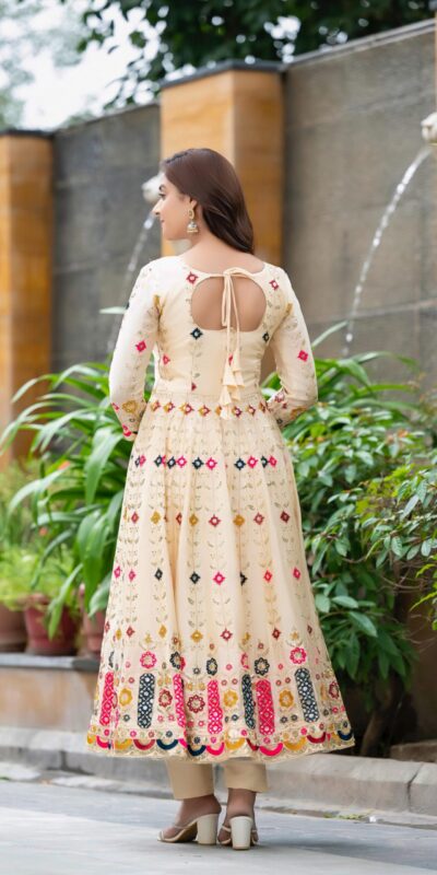 ₹2599 | NF 1234 Cream Chinon Silk Anarkali Suit with Cut Work & Embroidery Work. Now at just ₹2599. Delivery 4-6 Working Days. Shop now. | Anarkali Suits, Bollywood Anarkali, Creative-Anarkali, Designer Anarkali, Embroidered Anarkali, Party Wear Anarkali