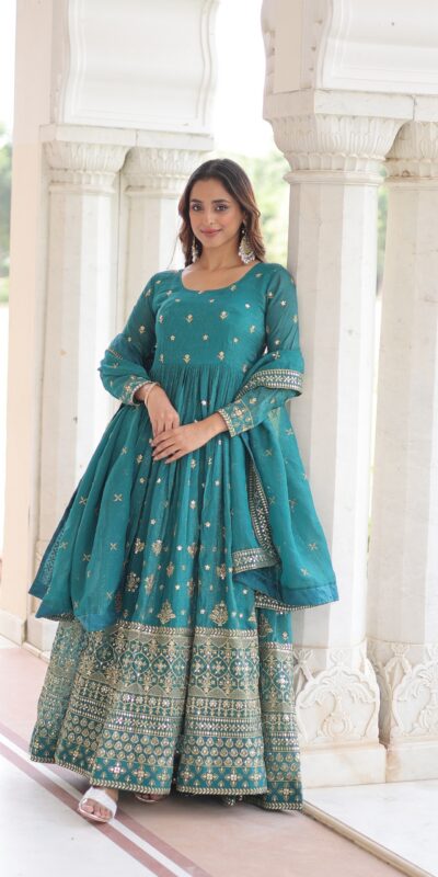 EKA 1216 Firozi in Silver Crunchy mbroidery Work & Sequins Work Gown . Available at ₹2649 only. Delivery 4-6 Working Days. Shop now. | Gowns, Bollywood Gowns, Creative Gowns, Designer Gowns, Embroidered Gowns, Party Wear Gowns
