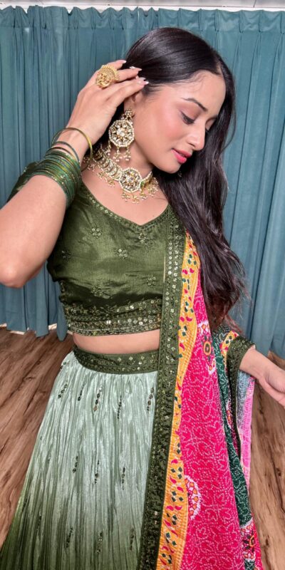₹3649 | FB H60 Green Color Chinon Silk Sequins Work Lehenga Choli . Introductory Price ₹3649. Delivery 4-6 Working Days. Shop now. | Lehenga, Bollywood Lehenga, Creative Lehenga, Designer Lehenga, Embroidered Lehenga, Party Wear Lehenga