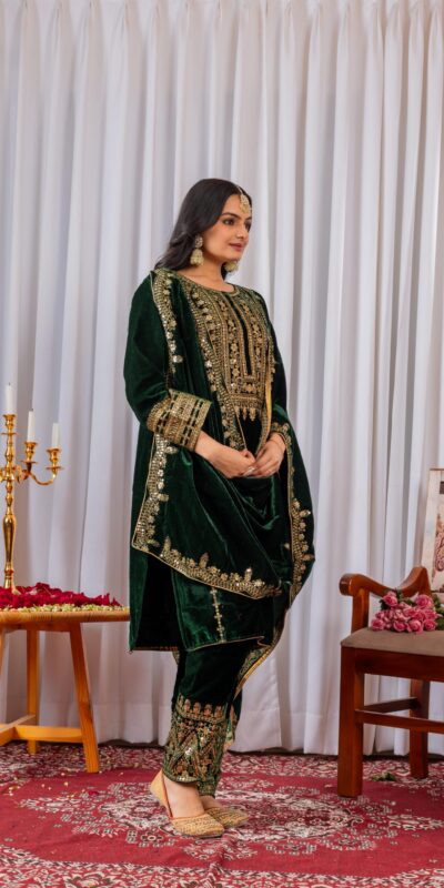 AD 089 Green Viscose Velvet Salwar Suit with Embroidery Work. Affordable Price ₹1999. Delivery 4-6 Working Days. Shop now. | Jump Suits, Salwar suit, Casual Suits, Creative suits, Designer Suits, Palazzo Suits, Party Wear Suits, Patiala Suits, Straight Suits