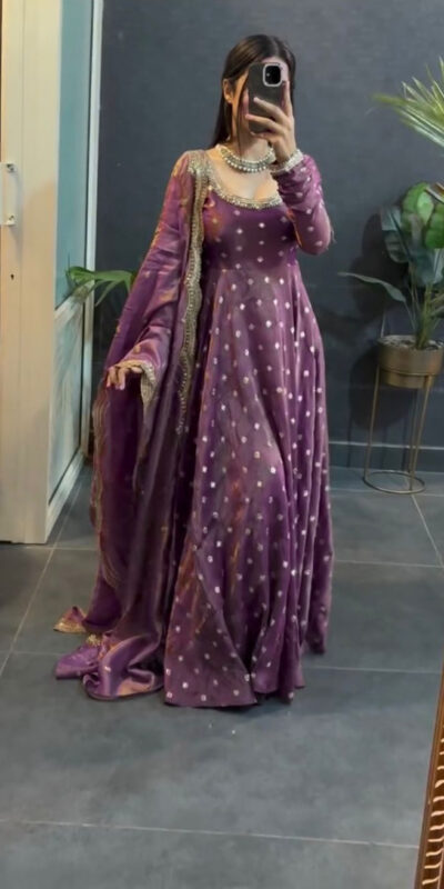 KD 1565 Lavender Fendy Silk Gown. Perfect for Wedding, Party, Reception, Temple Visit, Cultural Events – Festive Deal ₹2099. Delivery 4-6 Working | Gowns, Bollywood Gowns, Creative Gowns, Designer Gowns, Embroidered Gowns, Party Wear Gowns