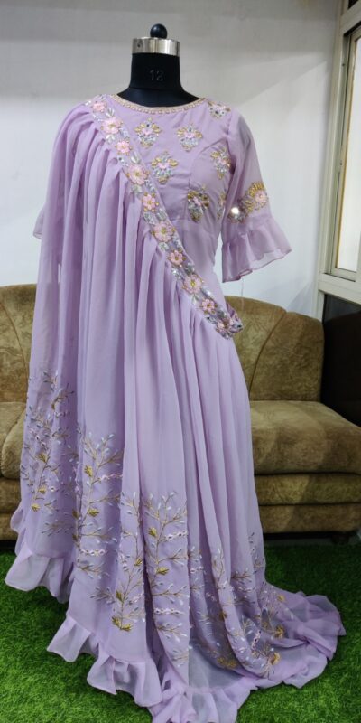 KT 190 Lavender in Georgette. Mirror Work & Lace Work Gown Wedding, Party, Festive, Events, Now at just ₹1949. Delivery 4-6 Working Days. Shop now. | Gowns, Bollywood Gowns, Creative Gowns, Designer Gowns, Embroidered Gowns, Party Wear Gowns