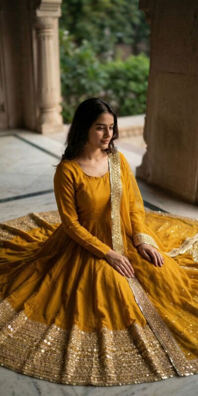 ZSR 3152 Mustered Color Roman silk Gown with Embroidery Work & Lace Work. Grab it for ₹2599. Delivery 4-6 Working Days. Shop now. | Gowns, Bollywood Gowns, Creative Gowns, Designer Gowns, Embroidered Gowns, Party Wear Gowns