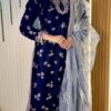 Navy Blue 9000 Velvet Embroidery Lace Work Salwar Suit
