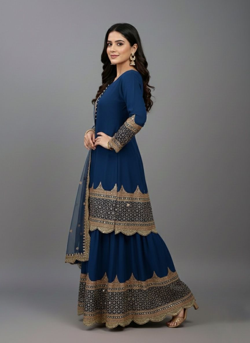 ₹2099 | ZF 250 Navy Blue Color Faux Georgette Embroidery Sequence Work Sharara Suit Wedding, Party, Festive, Events Etc. Expected Delivery 4-6 Working Days @2099/- | Jump Suits, Salwar suit, Casual Suits, Creative suits, Designer Suits, Palazzo Suits, Party Wear Suits, Patiala Suits, Straight Suits