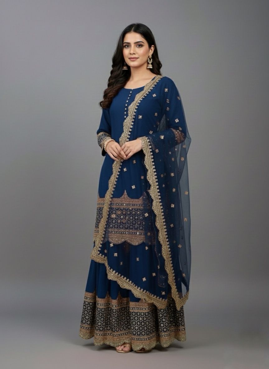 ₹2099 | ZF 250 Navy Blue Color Faux Georgette Embroidery Sequence Work Sharara Suit Wedding, Party, Festive, Events Etc. Expected Delivery 4-6 Working Days @2099/- | Jump Suits, Salwar suit, Casual Suits, Creative suits, Designer Suits, Palazzo Suits, Party Wear Suits, Patiala Suits, Straight Suits